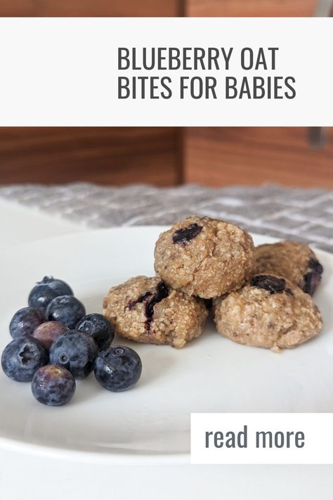 Blueberry Oat Bites Baby Led Weaning Recipe | Blueberry Bliss Balls Baby Oatmeal Bites, Blueberry Recipes For Baby, Baby Led Weaning Recipes 6 Months, Blueberry Muffins For Baby, Frozen Blueberry Muffins, Frozen Blueberry Recipes, Blueberry Bites, Blueberry Oat Muffins, Baby Led Weaning Breakfast