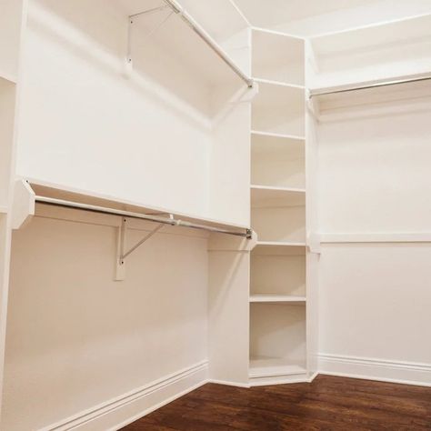 Angled Corner Closet - Photos & Ideas | Houzz Small Closet With Corner Shelves, Corner Shelf In Closet, Corner Solutions For Closets, Corner Of Closet Ideas, Custom Closet Corner Ideas, Walk In Closet Corner Solutions, Corner Closet Rod Ideas, Corner Closet Storage, Diy Corner Closet Shelves