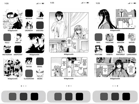 Anime Themed Phone Screen, Anime Layout Homescreen, Manga Homescreen Layout, Manga Phone Layout, Anime Ios Layout, Anime Homescreen Ideas, Aesthetic Anime Homescreen, Manga App Icons, Manga Homescreen