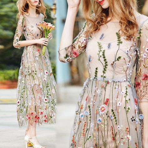 Summer Flower Embroidery Mesh Evening Party Maxi Cocktail Long Dress Beach Dress in Clothes, Shoes & Accessories, Women's Clothing, Dresses | eBay! Black Floral Sundress, Embroidered Mesh Dress, Casual Chique, Long Beach Dress, Trendy Dress, Half Sleeve Dresses, Dress Beach, Floral Sundress, Midi Dress Summer