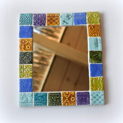 Ceramic Mirror Frame Handmade, Clay Mirror, Ceramic Frame, Clay Inspo, Ceramic Framed, Wall Hanging Handmade, Decorative Wall Mirror, Handmade Ceramic Tiles, Small Mirror