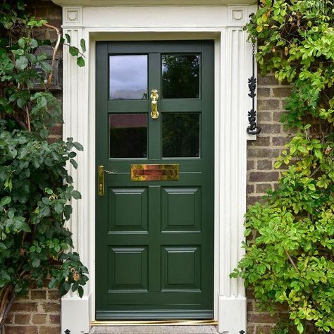 The new front door really is a statement piece, and has added an extra level of beauty to this stunning countryside property Outside Door Decor, Front Door Options, Front Door Knocker, Green Front Door, Brass Door Hardware, Green Front Doors, Farmhouse Renovation, Gorgeous Doors, Building Front