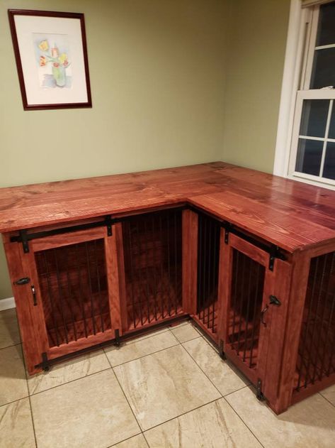 Custom Corner L-Shaped Kennel with Barn doors. | Etsy Coffee Table Dog Crate, Crate Tv Stand, Dog Cabinet, Custom Dog Kennel, Kennel Furniture, Dog Crate End Table, Dog Crate Table, Furniture Style Dog Crate, Crate End Tables