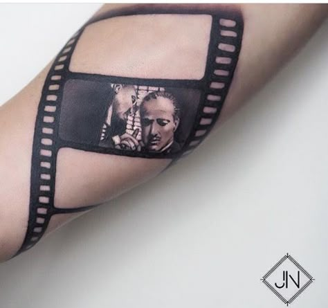 Film Strip Tattoo, Camera Film Tattoo, Strip Tattoo, Godfather Tattoo, Think Tattoo, Camera Tattoos, Sketch Style Tattoos, Thigh Tattoo Designs, Movie Tattoo