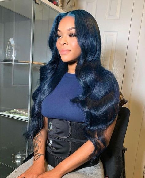 Indigo Hair, Blue Lace Front Wig, Blue Black Hair, Dark Blue Hair, Blue Wig, Dope Hairstyles, Body Wave Wig, Ombre Hair Color, Night Blue