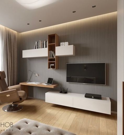 Tv Lounge Design, Living Room Minimal, Desk Wall Unit, Tv Unit Bedroom, Home Office Layouts, Hypebeast Room, Kids Room Interior Design, Tv Wand, Earls Court