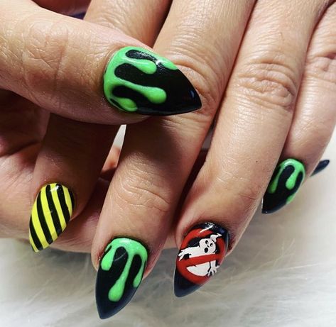 Movie Theme Nails, Casper The Friendly Ghost Nails, Ghostbusters Nails Halloween, Ghostbuster Nails, Ghostbusters Nail Art, Casper Nails, Ghostbusters Nails, Goosebumps Nails, Ghostbusters Crochet Pattern