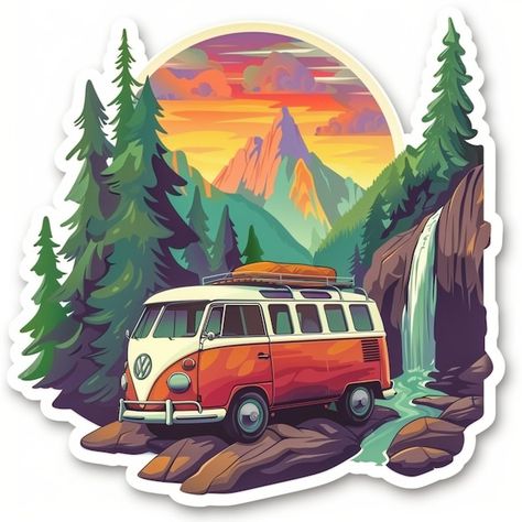 Photo sticker of a camping vw van with m... | Premium Photo #Freepik #photo #vw #sticker-design #cute-sticker #camping-logo Mountain And Waterfall, Van Stickers, Camping Logo, Waterfall Background, Mountain Waterfall, Photo Stickers, Vw Van, Stationery Templates, Business Card Maker