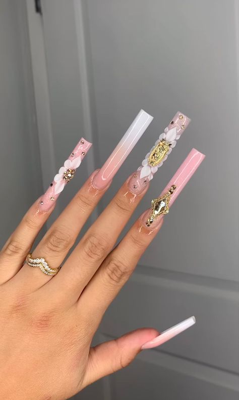 Virgencita Nails, Mexican Nails, White French Nails, 3d Flower Nails, Super Cute Nails, Colored Acrylic Nails, Long Acrylic Nails Coffin, Long Square Acrylic Nails, Unique Acrylic Nails