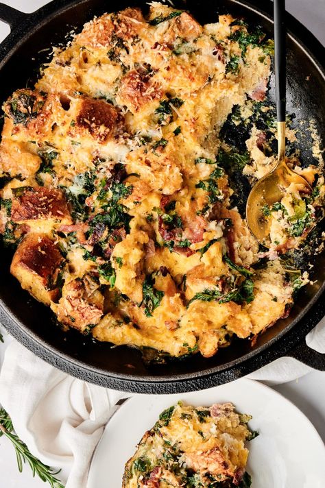 Savory Parmesan Bread Pudding with bacon & kale-The Little Epicurean Savory Bread Pudding Recipe, Savory Bread Pudding, Bacon Kale, Savory Bread Puddings, Parmesan Bread, Rosemary Bread, Savory Bread, Eating Alone, Bread Pudding Recipe