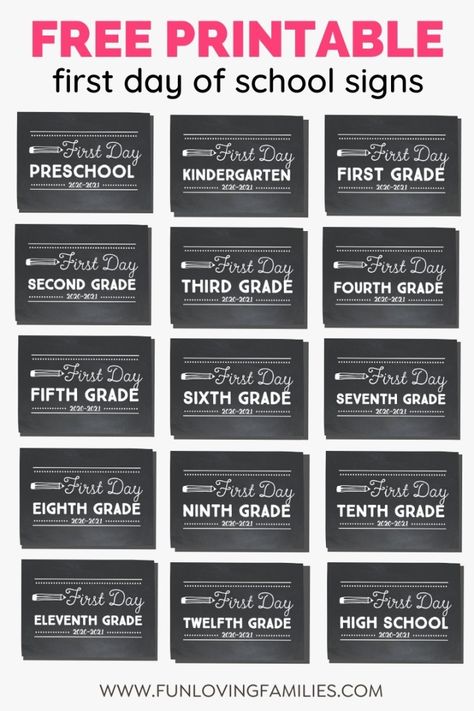 Download the free PDF for these first day of school printable chalkboard signs. Set includes all grades! #firstdayofschool #freeprintable #chalkboardsigns First Day Printable, First Day Of 7th Grade, Free School Printables, Free Chalkboard Printables, Back To School Photos, First Day Of School Signs, Printable Signs Free, First Day Of School Printable, First Day Of College