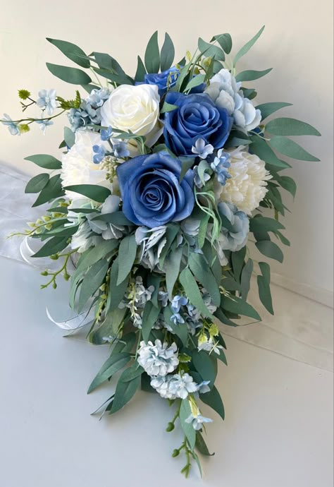 Waterfall Bouquet Wedding Blue, Eucalyptus Wedding Bouquet Cascading, Blue And White Cascading Bridal Bouquet, Blue Roses Bouquet, Wedding Shower Centerpieces, Eucalyptus Wedding Bouquet, Ivory Bouquet Wedding, Teardrop Bouquet, Green Wedding Bouquet