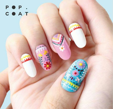 Embroidery inspired floral nail art Mexican Nails, Pink Flower Nails, Spring Acrylic Nails, Colorful Nail Art, Floral Nail Designs, Colorful Nail, Floral Nail, Nail Design Inspiration, Flower Nail Designs