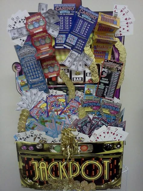 JackPot!  This is our Best Seller  "Great for Fundraisers....  This customized Lottery Scratch off basket stand 3ft High Full of Surprises and Scratch-off.  Email: theresagift@aol.com for your order today we ship anywhere in the US Lottery Tree, Lottery Ticket Tree, Lottery Ticket Gift, Silent Auction Basket, Auction Gift Basket Ideas, Fundraiser Baskets, Theme Baskets, Silent Auction Baskets, Auction Basket