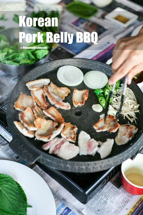 Korean Pork Belly BBQ | MyKoreanKitchen.com Pork Belly Bbq, Korean Pork Belly, Korean Table, Korean Bbq At Home, Bbq At Home, My Korean Kitchen, Korean Seoul, Korean Grill, Korean Pork