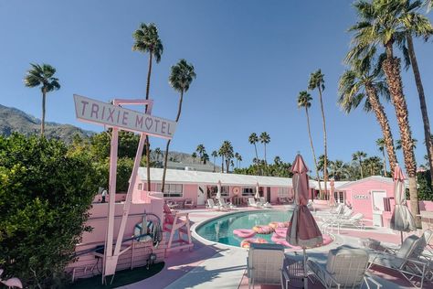 The Trixie Motel, Trixie Motel Palm Springs, Pink Motel Aesthetic, Motel Themed Party, Pink Palm Springs Aesthetic, Palm Springs Motel, Trixie Motel, Vintage Palm Springs Aesthetic, Palm Springs Pool Party