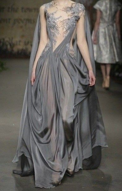 Grey Dress Runway, Silver Flowy Dress, Silver Fairy Dress, Sheer Gown Haute Couture, Ethereal Goddess Dress, Fae Ballgown, Grey Dress Aesthetic, Fae Dress Gowns, White Ethereal Dress