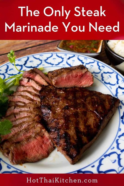 This steak marinade is a classic Thai recipe, but it gives a neutral enough flavour that it can work in any meal and pairs with any side dish. It's also endlessly customizable so you can use it as a base and changing things up with other herbs, spices or seasonings. Comes with a full video tutorial! Vegetarian Stir Fry Sauce, Grilled Steak Recipe, Thai Mat, Steak Marinades, Steak Marinated, Thai Recipes Authentic, Vegetarian Stir Fry, Vegetarian Oyster Sauce, Asian Dish