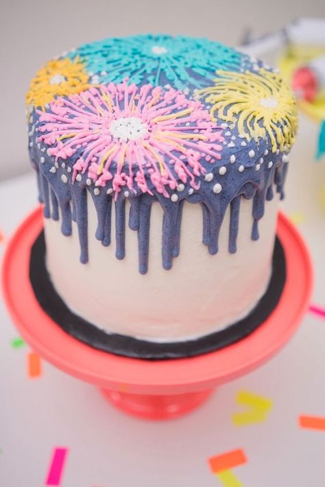 Neon Firework New Year Eve Party Cake Fireworks Birthday Cake, Firework Cake Ideas, New Years Cake Decorating Ideas, New Years Cakes, Firework Cake, New Year Cake Designs, Fireworks Birthday, New Years Cake, 12 Oclock