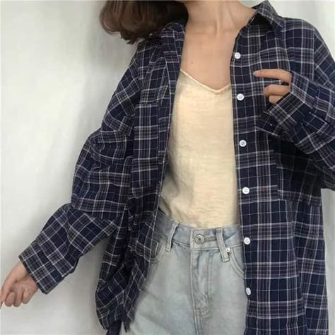 Flannel Outfits Korean, Checkered Aesthetic, Flannel Outfit, Plaid Shirt Outfits, Flannel Outfits, Aesthetic Shirt, 90s Fashion Outfits, Aesthetic Blue, Aesthetic Shirts