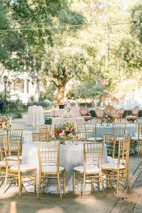 Afternoon tea-inspired wedding. Pink + green wedding colors, whimsical & elegant, garden setting. Garden Party Reception at The Lace House in Columbia, South Carolina. Florals are a sweet mix of peonies, roses, hydrangeas, ranunculus, delphiniums and eucalyptus.Abundant flowers, warm lighting and gold chiavari chairs completed the look. Garden Party Reception, Chiavari Chairs Wedding, Wedding Reception Chairs, House Reception, Gold Table Setting, Pink Green Wedding, Gold Chiavari Chairs, Party Reception, Wedding Planner App