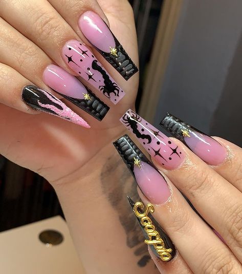 Scorpio Themed Nails, Scorpio Nails Acrylic Design, Scorpio Birthday Nails Acrylic, Baddie Birthday Nails Scorpio, Birthday Nail Set Ideas Scorpio, Scorpio Nail Art, Scorpio Nail Ideas, Scorpion Nails, Birthday Nails Scorpio