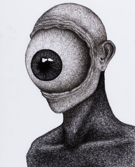 (´∀｀) #artwork Ink Art Reference, Eyeball Head Drawing, Dark Aesthetic Drawing References, Eye Drawing Creepy, Strange Drawings Weird, Weird Eye Drawings, Phobia Illustration, Weird Art Drawings, Creepy Eyes Drawing