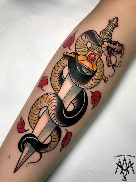 #antoniettaarnonearts #roma #rome #trastevere #tatuaggio #tatuaggi #snake #snakes #tattoo #tattoos #dagger #knife #knives #neotraditional #neotrad #newtraditional #traditional #tattooidea #idea #italia #italy #tattooer #tattooist #colored #colors Dagger Tattoo Meaning, Snake And Dagger Tattoo, Traditional Dagger Tattoo, Snake Tattoo Meaning, Traditional Snake, Traditional Snake Tattoo, Traditional Dagger, Small Wave Tattoo, Serpent Tattoo