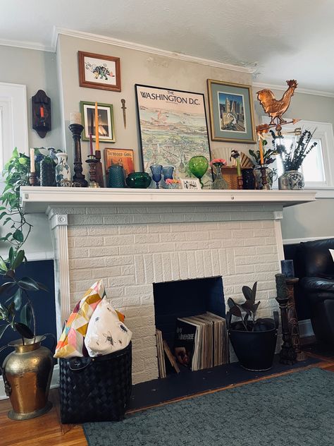 Fireplace Mantle Eclectic, Eclectic Living Room With Fireplace, Small Mantel Decorating Ideas With Tv, Mantel Decorating Ideas Maximalist, Tv On Mantle Decor, Fireplace Decor Eclectic, Thrifted Mantle Decor, Mantle Decor Maximalist, Eclectic Fireplace Mantle Decor