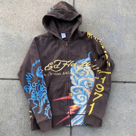 Ed Hardy Zip Up, Ed Hardy Hoodie, Vintage Ed Hardy, Diy Bed Frame, Brown Hoodie, Winter Inspo, Zip Up Sweatshirt, Hoodie Zip, Sweatshirt Crewneck