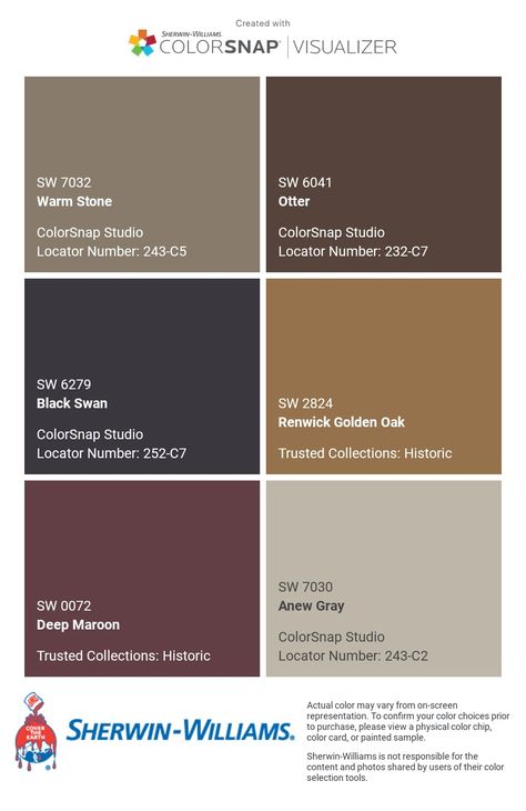 I just created this color palette with the Sherwin-Williams ColorSnap® Visualizer app on my Android phone. What do you think? You can learn more about ColorSnap Visualizer and get it on your phone free by visiting https://www.sherwin-williams.com/content/colorsnap.html. Brandywine Sherwin Williams, Sherwin Williams Caramel Colors, Renwick Golden Oak Sherwin Williams, Dutch Colonial Exterior, Window Trim Paint, Sherwin Williams Paint Neutral, Country Paint Colors, Exterior Front Door Colors, Exterior Updates