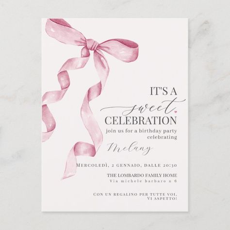 Pink Coquette Bow Girl Birthday Party Invitation Postcard | Zazzle Pink And Gold Party Invitations, Cute Pink Party Ideas, Pink Party Invites, Pink Xv Invitations, Birthday Bow Decoration Ideas, Pink Coquette Birthday Decorations, Light Pink And Gold Birthday Party, Pink Birthday Inspiration, Cute Themes For Birthday Party