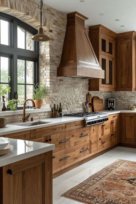 Wooden Kitchen Rustic, Pine Cabinets Kitchen, Wooden Cabinets Kitchen, Kitchens With Wood Cabinets, Cozy Modern Kitchen, Ranch Style Kitchen, Rustic Hickory Kitchen, Modern Rustic Farmhouse Kitchen, Rustic Kitchen Ideas