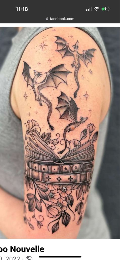 Enchanted Sleeve Tattoo, Literature Sleeve Tattoo, Books Tattoo Sleeve, Book Leg Sleeve Tattoo, Dragons And Books Tattoo, Book Tattoos With Dragons, Nerdy Sleeve Tattoos For Women, Fairytale Inspired Tattoos, Elbow Book Tattoo