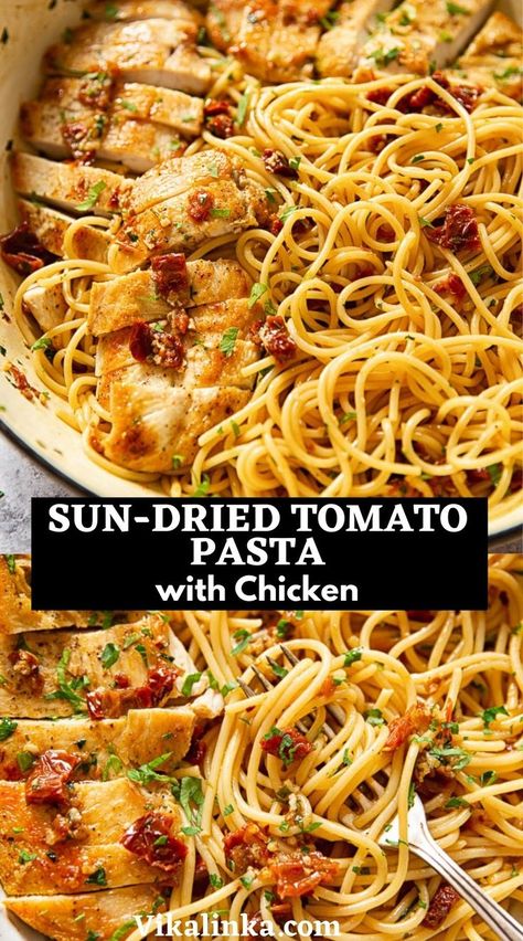 Sun-dried tomato pasta tossed with plenty of garlic, chilli flakes, parsley and good quality olive oil plus plump and juicy chicken breasts deliver a quick and satisfying one pan dinner. Creamy Sun Dried Tomato Chicken, Tomato Pasta With Chicken, Sundried Tomato Recipes, Sun Dried Tomato Chicken, Vikalinka Recipes, Dried Tomato Pasta, Sun Dried Tomato Pasta, Pasta Side, Tomato Pasta Recipe