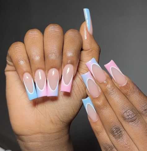 Light Blue French Tips With Design, Blue Nails With Pink Design, Nails Acrylic Gender Reveal, Pink Blue French Tip Nails, Pink And Blue Tip Nails, Pink And Blue Nails French Tip, Cute Nails Pink And Blue, Cute Gender Reveal Nail Ideas, Gender Revel Nail Ideas