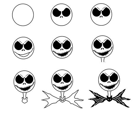 Step-by-step to draw Jack Skellington from Nightmare Before Christmas Step By Step Jack Skellington Drawing, Night Before Christmas Drawings Easy, How To Draw Jack Skellington Face, Nightmare Before Christmas Doodles Easy, Jack And Sally Easy Drawing, How To Draw Jack Skellington Easy, Jack Skellington Doodle, Easy Jack Skellington Drawing, Jack Skeleton Drawing Easy