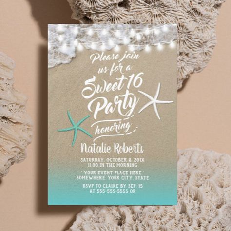 Sweet 16 Tropical Summer Beach Starfish for $2.80 - Birthday Invitations Summer Birthday Themes, Beach Birthday Invitations, Coastal Birthday, Tropical Birthday Invitations, Luau Party Invitations, Summer Birthday Invitations, Elegant Birthday Invitations, Bday Party Invitations, Beach Party Invitations