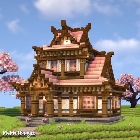 A Minecraft Cherry Blossom Japanese House with a full Interior! You can download this build on my Patreon, just follow the link! Cute Cherry Minecraft House, Minecraft Japanese Builds Interior, Cool House Minecraft, Spruce Cherry Blossom House Minecraft, Minecraft Japanese House Easy, Minecraft Building Ideas Japanese House, Minecraft Teddy Bear Build, Japanese House In Minecraft, Japanese Mc House