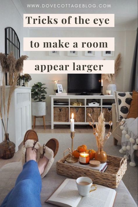 7 tricks of the eye to make your home appear bigger | Dove Cottage -  #Bigger #Cottage #Dove #Eye #home #Tricks Check more at https://ifoundaideas.com/homedecor/7-tricks-of-the-eye-to-make-your-home-appear-bigger-dove-cottage/ Small Duplex Decorating Ideas, Create Space In A Small Room, Lighting To Make A Room Look Bigger, Big Tv In Small Living Room, Small Space Farmhouse Living Room, Small Room Hacks Diy, Small And Cozy Living Room, Light Rug Living Room, Tiny Living Room Makeover