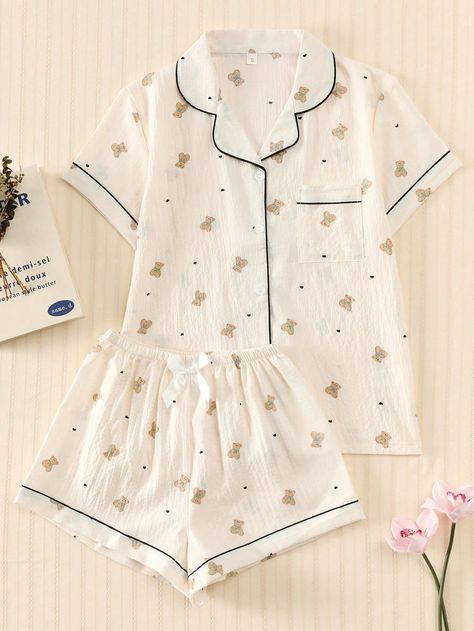 2pcs/Set Women's Teddy Bear Printed Summer Pajama Set, Short Sleeve Button-Down Shirt And Shorts, Casual Loungewear For Summer. Apricot Casual-Young    Animal,Plants,All Over Print Short Sets Slight Stretch All Women Sleep & Lounge, size features are:Bust: ,Length: ,Sleeve Length: Cute Pajama Outfits, Silk Pj Set, Silk Pjs, Summer Pajama Set, Sleep Clothes, Cute Pjs, Pajama Fashion, Cute Sleepwear, Cute Pajama Sets