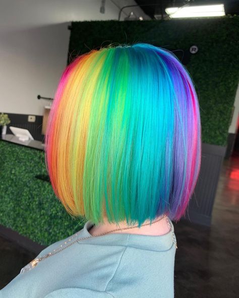 Straight Rainbow Hair, Bright Rainbow Hair, Lisa Frank Hair Color, Prism Hair Color Short, Pastel Rainbow Hair Short, Rainbow Hair Medium Length, Rainbow Bob Hair, Bob Dyed Hair, Colorful Bob Hair