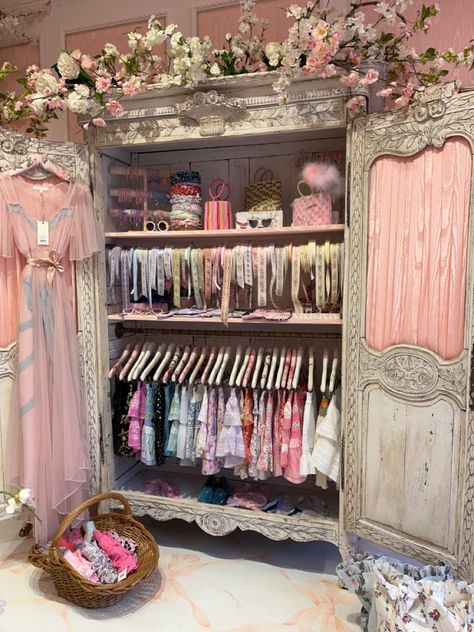 Dressing Room Design Store, Girly Shop Interior, Cottagecore Closet Room, Cute Closet Aesthetic, Shabby Chic Closet, Princesscore Room, Coquette Closet, Cute Dresser, Princess Closet