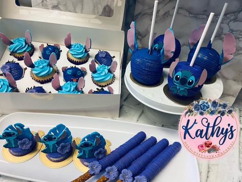 Lilo And Stitch Chocolate Covered Strawberries, Lilo And Stitch Treat Table, Stitch Sweets, Stitch Themed Cupcakes, Lilo And Stitch Sweet 16, Lilo And Stitch Birthday Party Treats, Stitch Birthday Treats, Stitch And Angel Gender Reveal Treats, Stitch Birthday Cupcakes