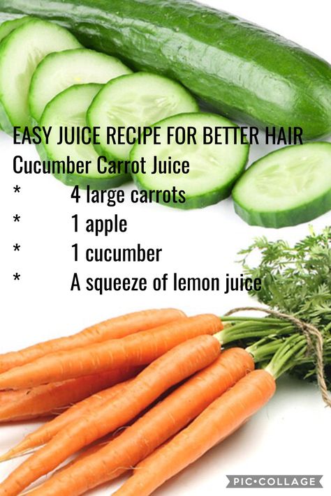 EASY JUICE RECIPE FOR BETTER HAIR Cucumber Carrot Juice * 		4 large carrots * 		1 apple * 		1 cucumber * 		A squeeze of lemon juice Cucumber Carrot Juice, Carrot And Cucumber Juice, Easy Juice Recipes, Carrot Smoothie, Juicy Juice, Healthy Juice Recipes, Free Magazines, Juice Recipe, Carrot Juice