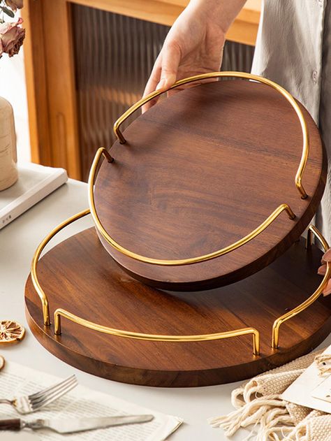 1pc Wooden Round Tray Brown    Wood     Kitchen & Dining, size features are:Bust: ,Length: ,Sleeve Length: Beautiful Kitchenware, Wooden Kitchenware, Gold Tray, Wood Plate, Tray Design, Wooden Serving Trays, Round Storage, Round Tray, Tea Tray