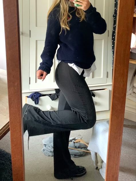 Shirt- h&m, jumper- ralph lauren, trousers- asos, shoes- river island Styling School Uniforms Pants, School Trousers Aesthetic, Jumper Trousers Outfit, Shoes For Sixth Form, Smart Jumper Outfit, Shirt And Jumper, Jumper And Trousers Outfit, School Trousers Uniform, Autumn Sixth Form Outfits