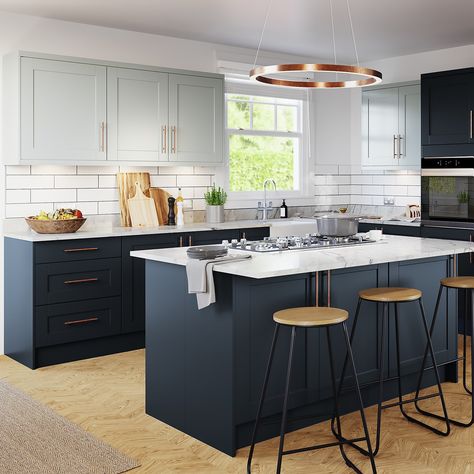 Create a fresh new look and transform your existing kitchen units with our range of replacement cupboard doors, trims, plinths and panels.Available in five beautiful colours, the Homebase Classic Shaker doors add a modern twist to a traditional style. Delicately finished, the Classic Shaker range has an on-trend soft-touch matt finish, ready to turn any kitchen in to a luxury space in the home.What's included?1 x 497mm glass kitchen cabinet doorNot included:HandlesHingesCarcassShop our range of Desain Pantry Dapur, Navy Blue Kitchen Cabinets, Navy Blue Kitchen, Navy Kitchen, Серая Кухня, Blue Kitchen Decor, Desain Pantry, Kitchen Decor Inspiration, Blue Kitchen Cabinets