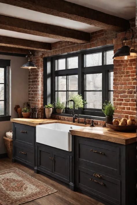 Rustic kitchen with exposed brick walls 1 Kitchen With Exposed Brick, Red Brick Kitchen, Cottagecore House Interior, Brick Kitchen Wall, Exposed Brick Kitchen, Dark Cottagecore House, Brick Wall Kitchen, Cottage House Interior, Luxury Kitchen Ideas