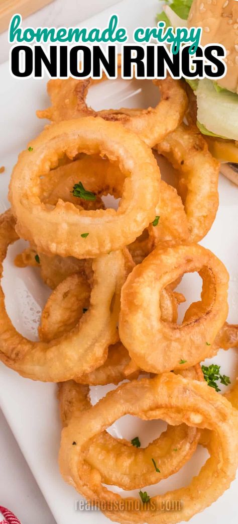 This homemade Crispy Onion Rings recipe makes delicious restaurant-quality onion rings perfect for your game day spread or burger night meal! #Realhousemoms #onion #rings #crispy #appetizers #gameday #sundayfunday #superbowl #sidedish Air Fryer Frozen Onion Rings, Onion Rings Air Fryer, Onion Rings Recipe Easy, Frozen Onion Rings, Homemade Onion Rings, Moms Recipes, Onion Rings Recipe, Hot Snacks, Frozen Beef